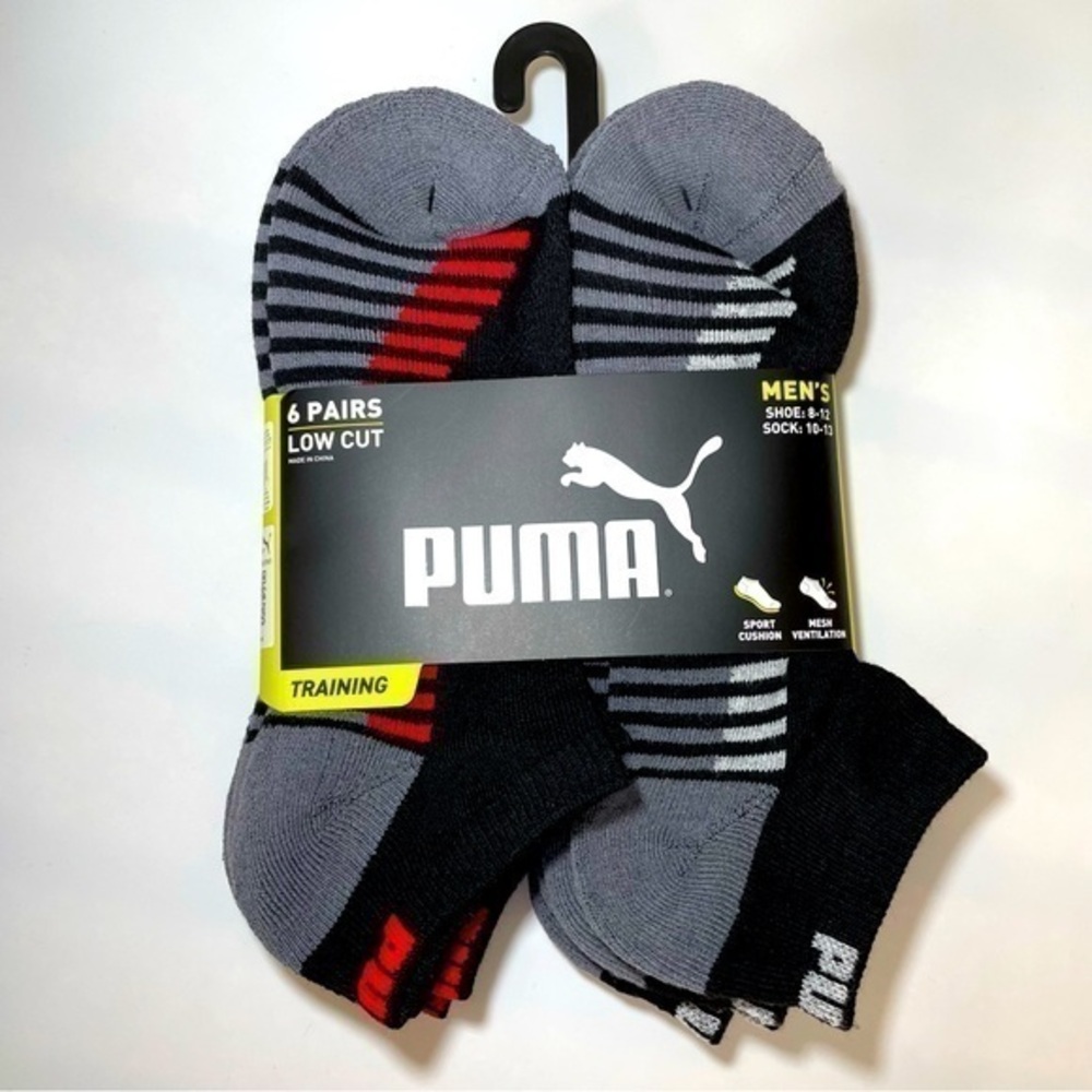 Puma men’s low cut socks 6 pack size 8-12 black gray red